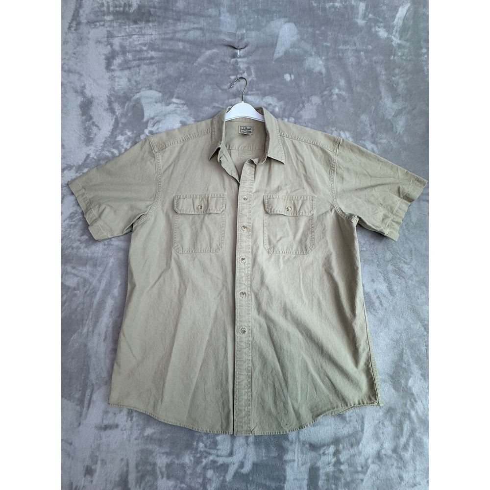 LL Bean Mens Short Sleeve Button Down Utility Field Shirt Khaki Tan‎ Large L-REG